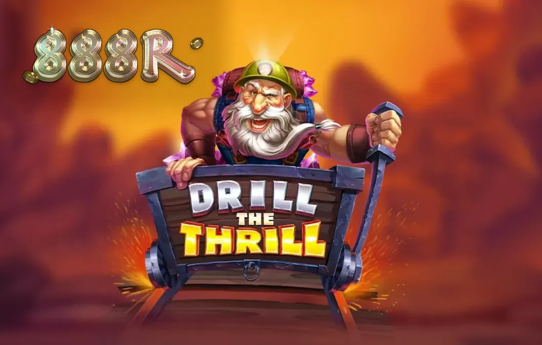 Tampilan visual slot Drill the Thrill dengan tema pertambangan dan mesin bor